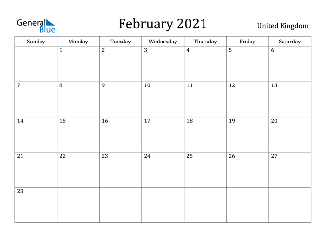 united kingdom february 2021 calendar with holidays