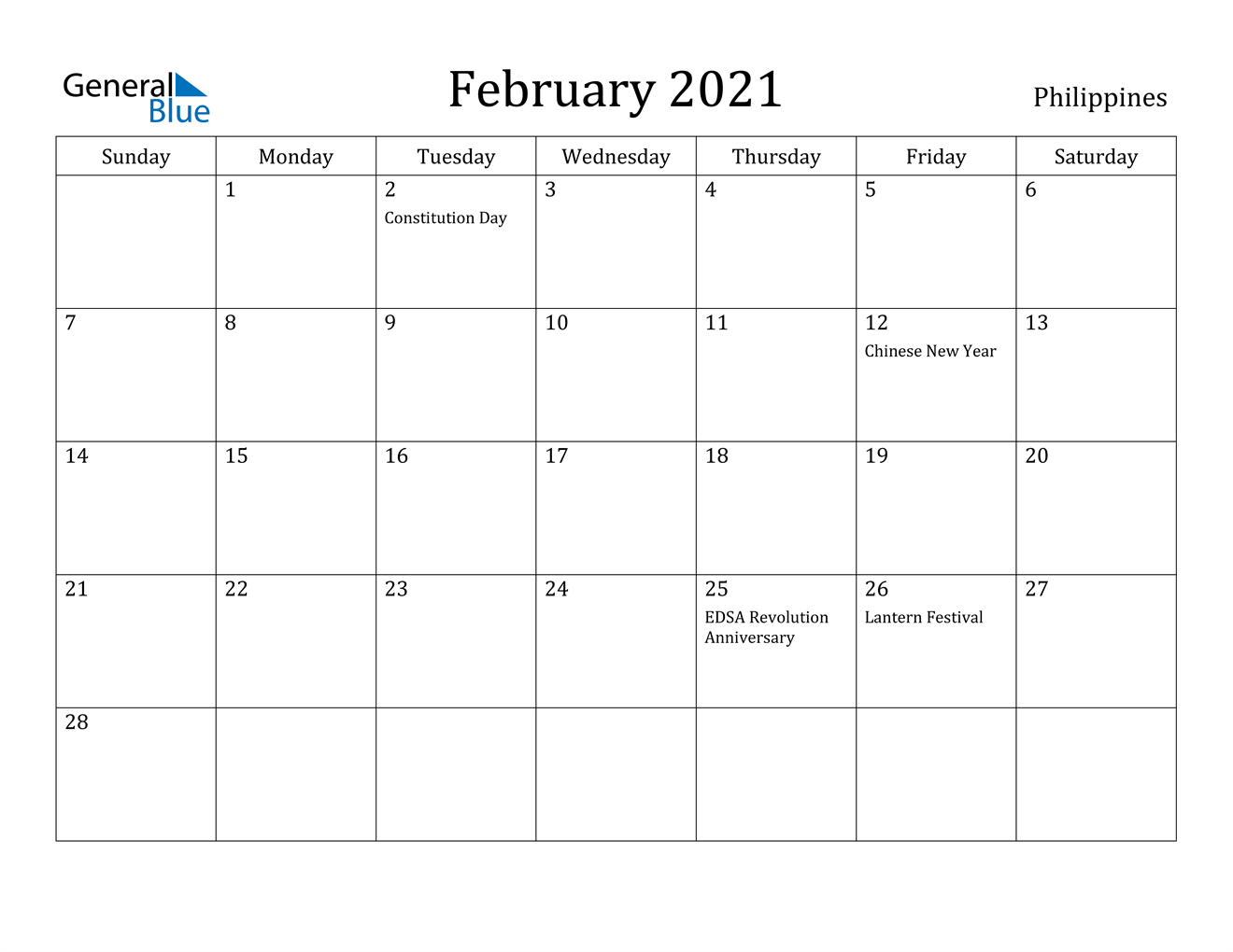 February 2021 Calendar - Philippines
