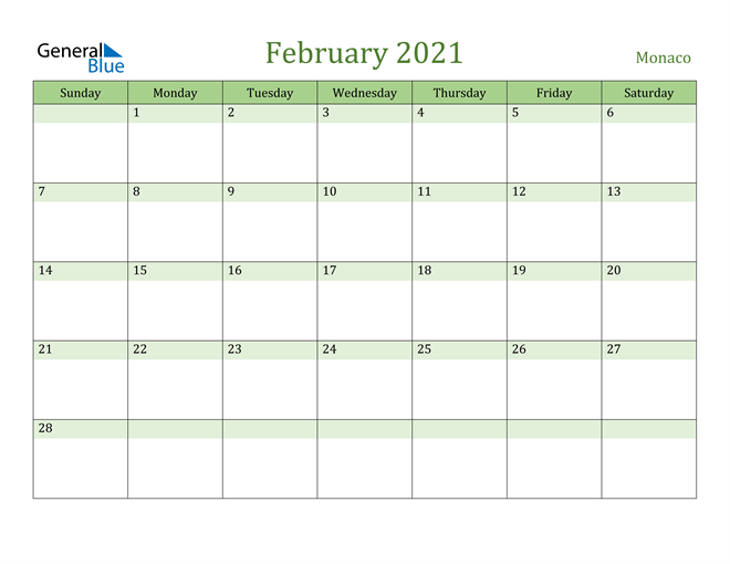 February 2021 Calendar with Monaco Holidays