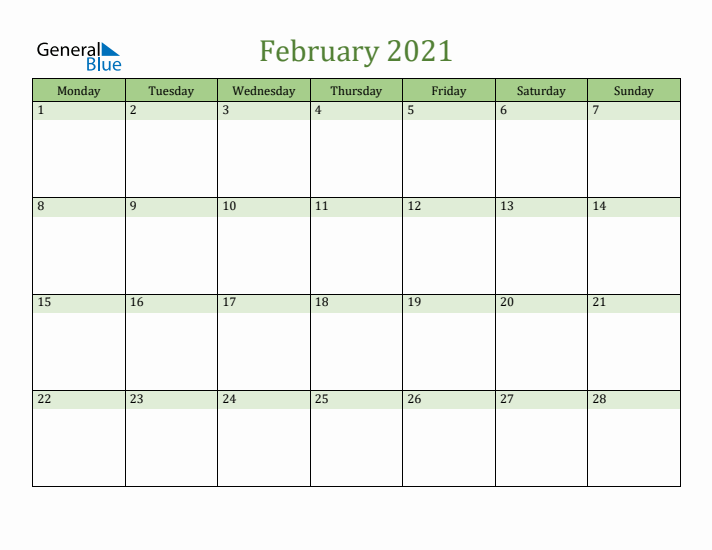 February 2021 Calendar with Monday Start