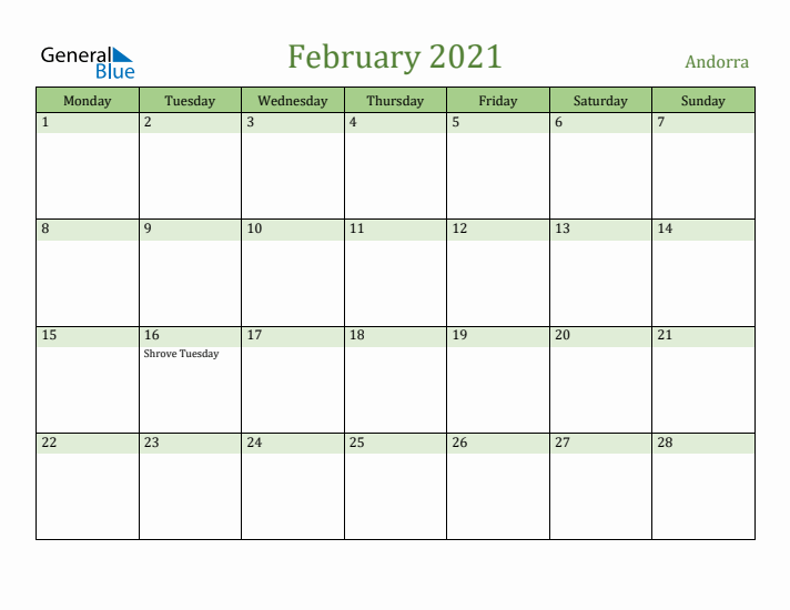 February 2021 Calendar with Andorra Holidays