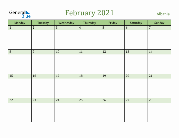 February 2021 Calendar with Albania Holidays