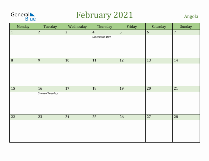 February 2021 Calendar with Angola Holidays
