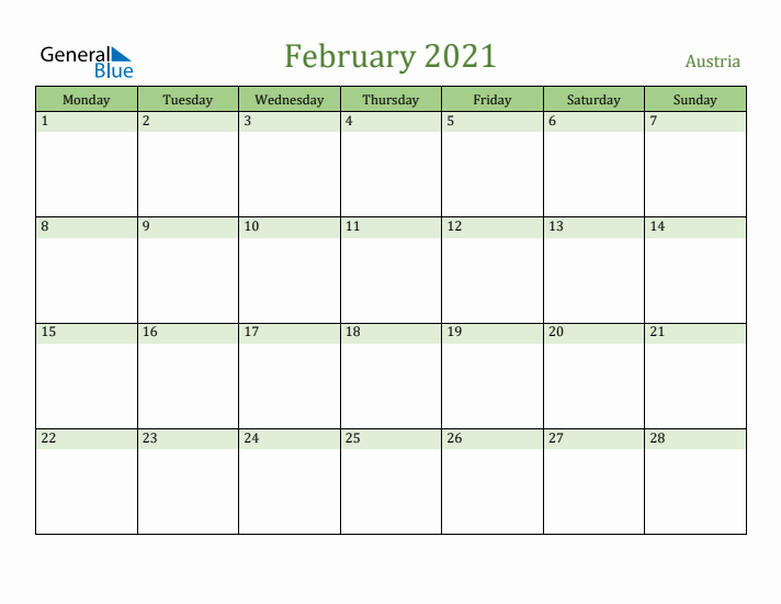 February 2021 Calendar with Austria Holidays