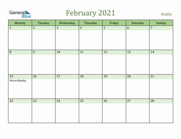 February 2021 Calendar with Aruba Holidays