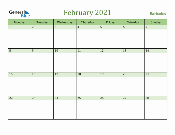 February 2021 Calendar with Barbados Holidays