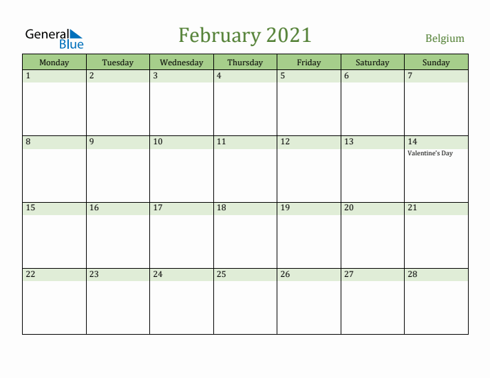 February 2021 Calendar with Belgium Holidays