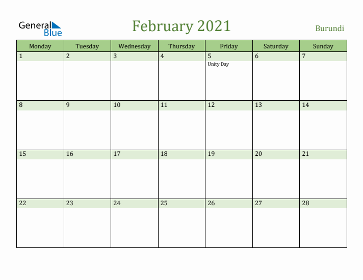 February 2021 Calendar with Burundi Holidays