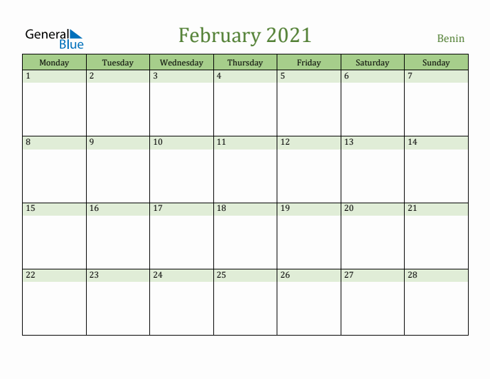 February 2021 Calendar with Benin Holidays