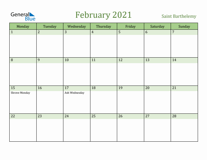February 2021 Calendar with Saint Barthelemy Holidays