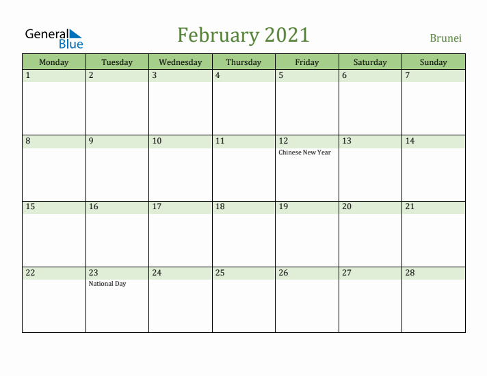 February 2021 Calendar with Brunei Holidays