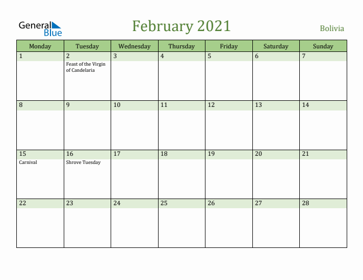 February 2021 Calendar with Bolivia Holidays