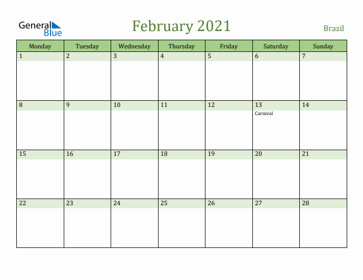 February 2021 Calendar with Brazil Holidays