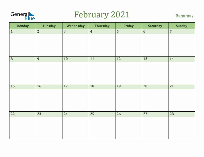 February 2021 Calendar with Bahamas Holidays