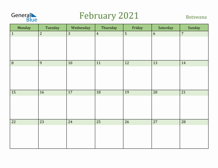February 2021 Calendar with Botswana Holidays