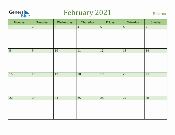 February 2021 Calendar with Belarus Holidays