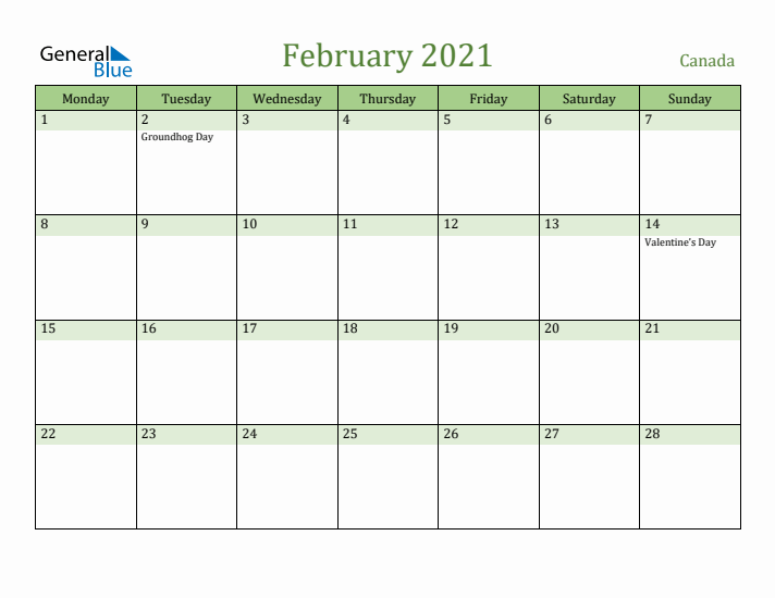 February 2021 Calendar with Canada Holidays