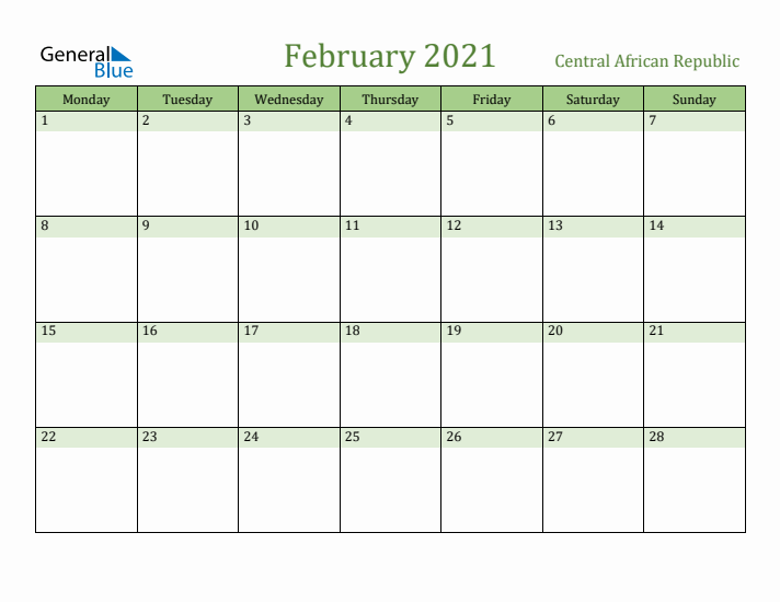 February 2021 Calendar with Central African Republic Holidays