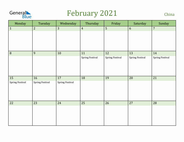 February 2021 Calendar with China Holidays