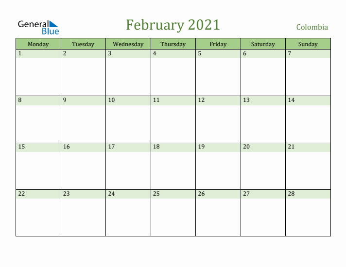 February 2021 Calendar with Colombia Holidays