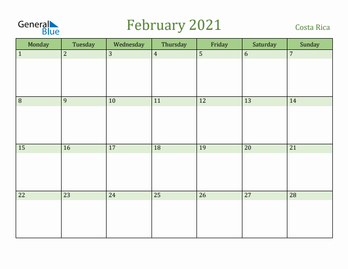 February 2021 Calendar with Costa Rica Holidays