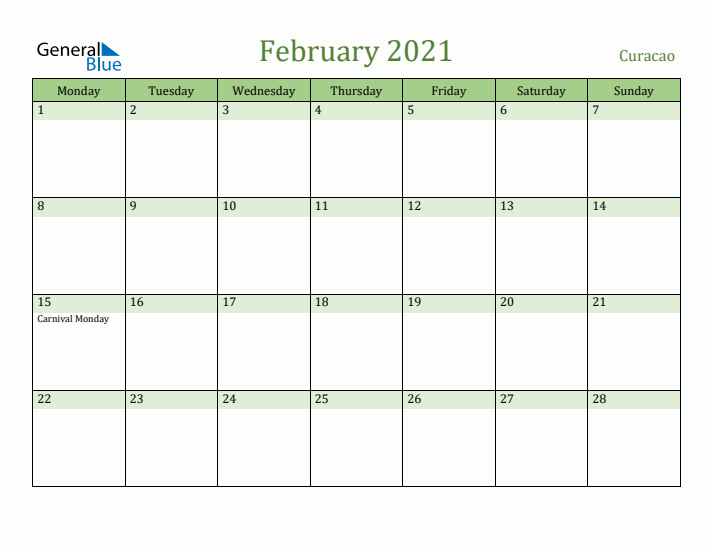 February 2021 Calendar with Curacao Holidays