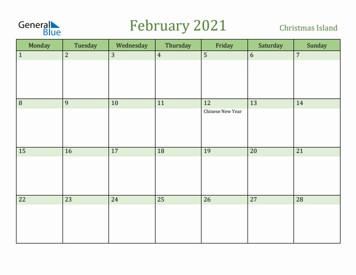 February 2021 Calendar with Christmas Island Holidays