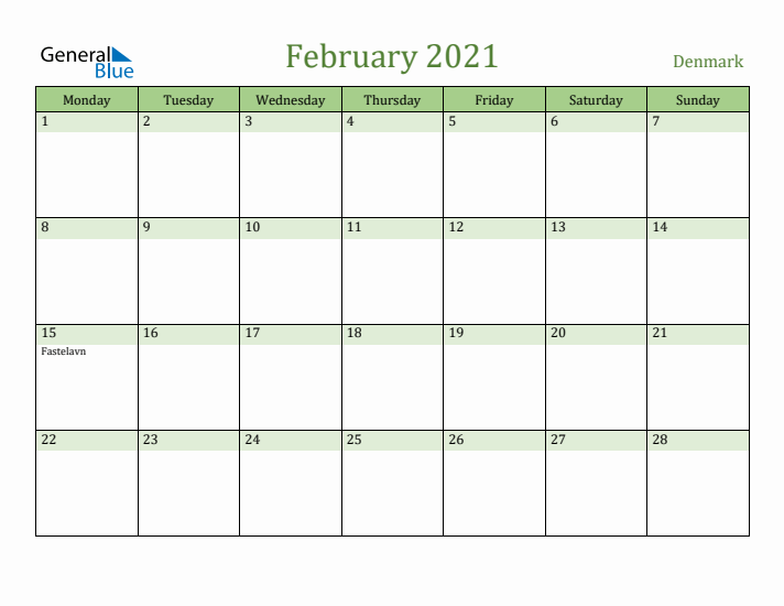 February 2021 Calendar with Denmark Holidays