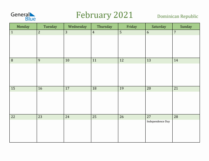 February 2021 Calendar with Dominican Republic Holidays