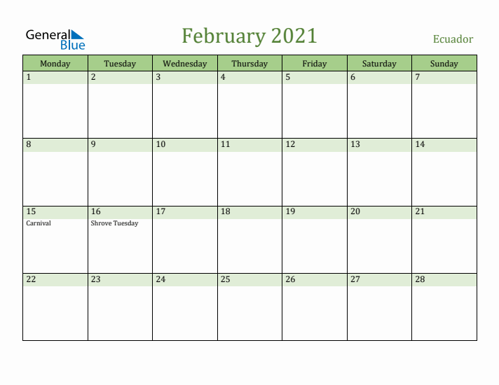 February 2021 Calendar with Ecuador Holidays