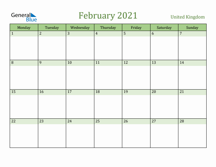 February 2021 Calendar with United Kingdom Holidays