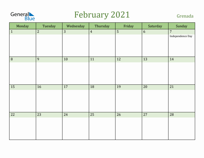 February 2021 Calendar with Grenada Holidays