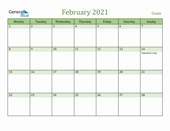 February 2021 Calendar with Guam Holidays