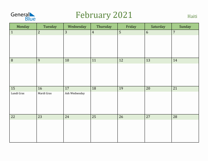 February 2021 Calendar with Haiti Holidays