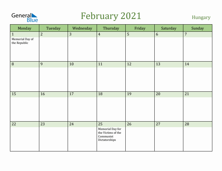 February 2021 Calendar with Hungary Holidays