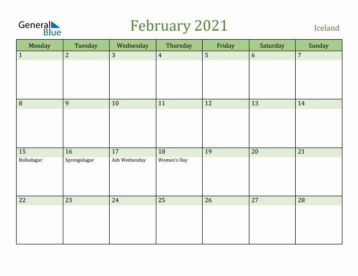 February 2021 Calendar with Iceland Holidays