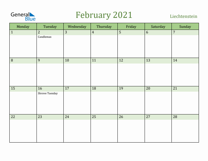 February 2021 Calendar with Liechtenstein Holidays