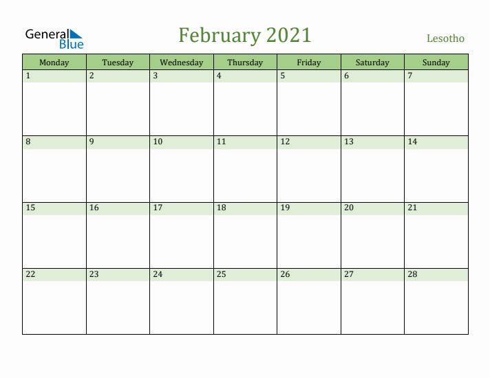 February 2021 Calendar with Lesotho Holidays