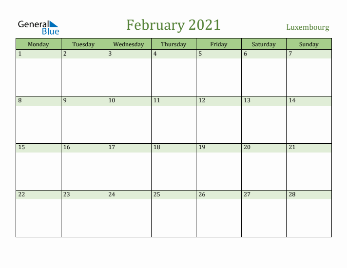 February 2021 Calendar with Luxembourg Holidays