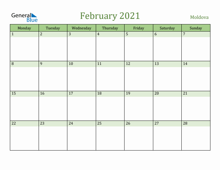 February 2021 Calendar with Moldova Holidays