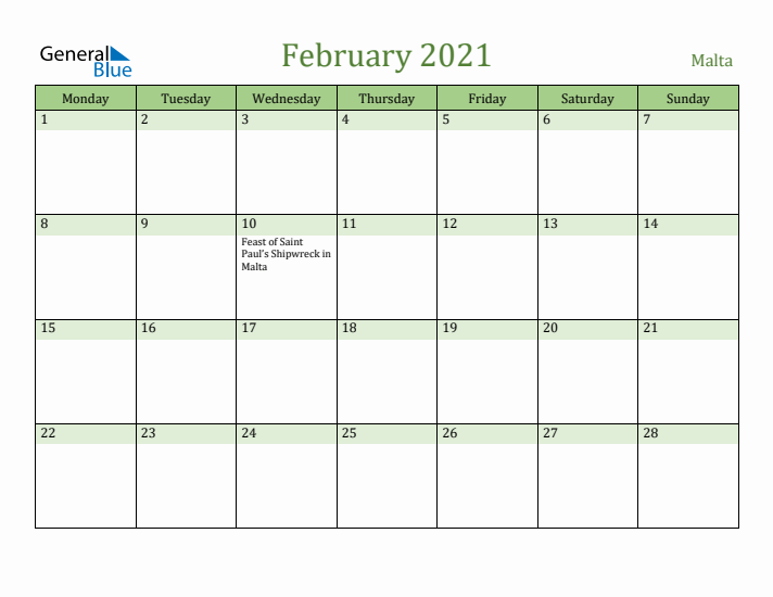 February 2021 Calendar with Malta Holidays