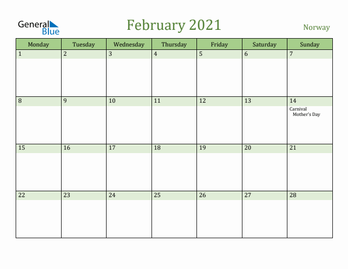 February 2021 Calendar with Norway Holidays