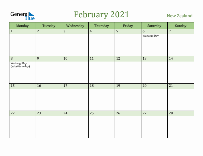 February 2021 Calendar with New Zealand Holidays