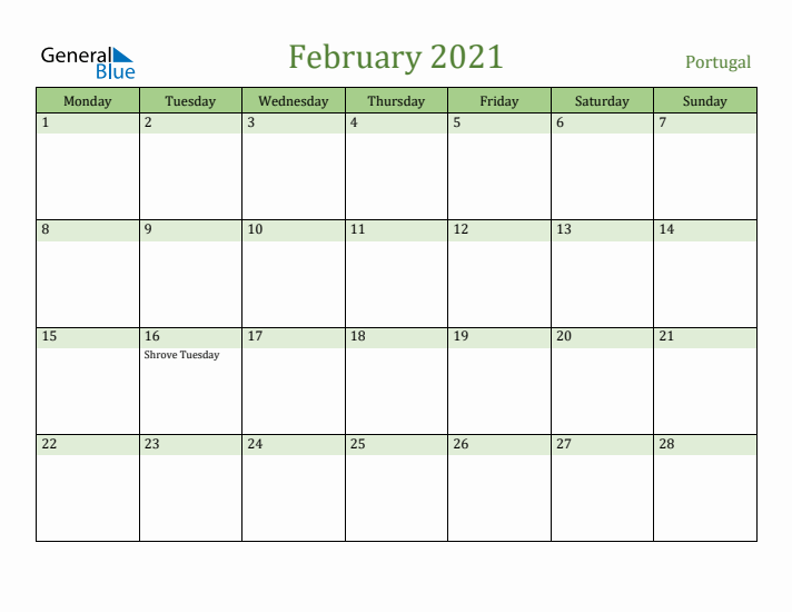February 2021 Calendar with Portugal Holidays