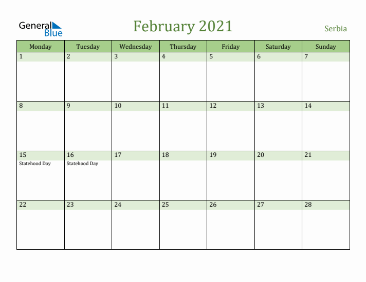 February 2021 Calendar with Serbia Holidays