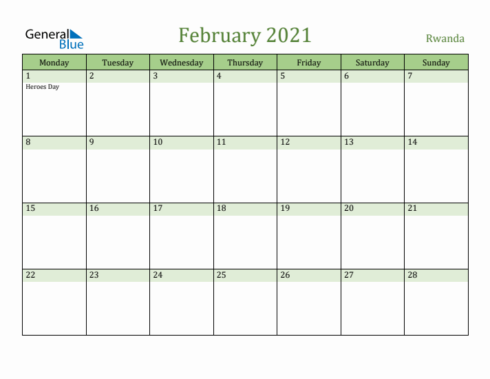 February 2021 Calendar with Rwanda Holidays