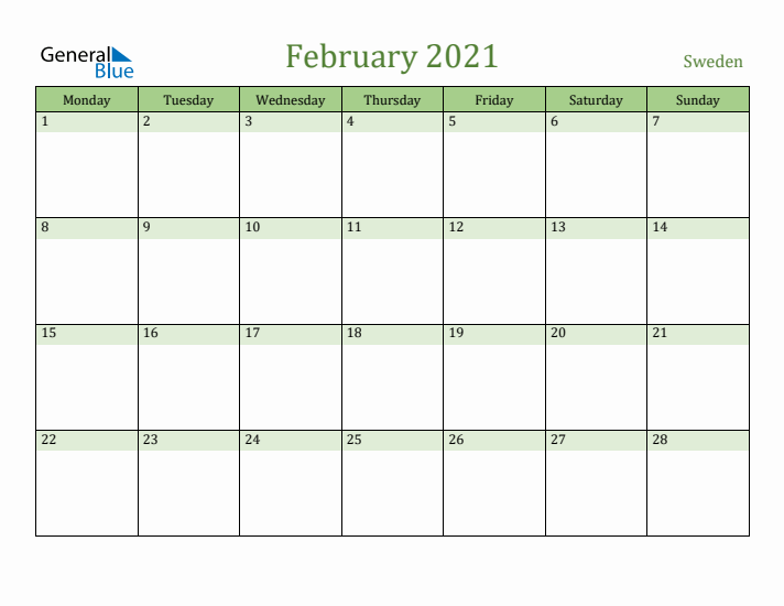 February 2021 Calendar with Sweden Holidays