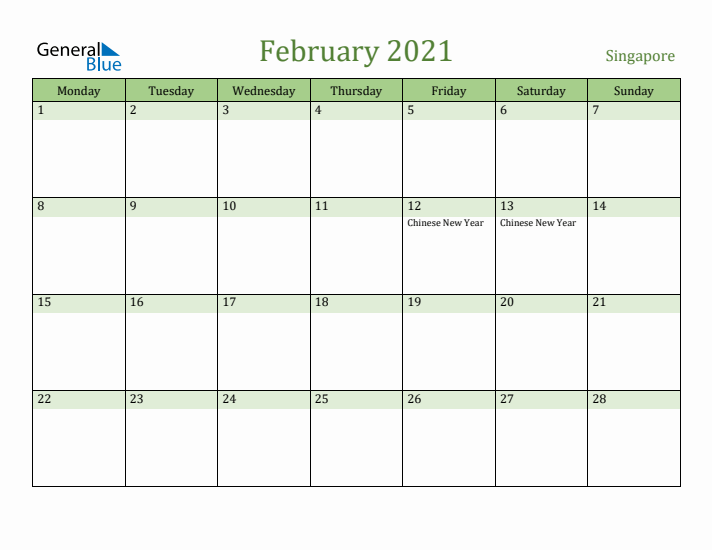 February 2021 Calendar with Singapore Holidays