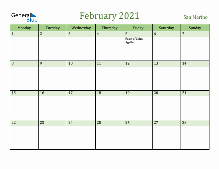 February 2021 Calendar with San Marino Holidays
