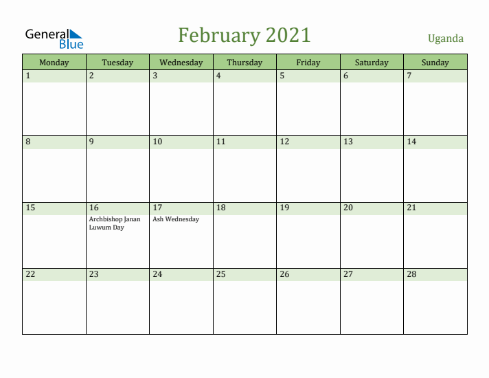 February 2021 Calendar with Uganda Holidays